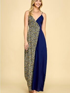 Navy & Floral Split-Panel Maxi Dress